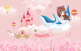 卡通小公主鲸鱼儿童房背景墙