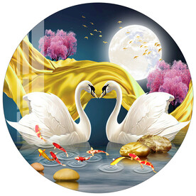 金色飘带轻奢时尚天鹅圆形装饰画