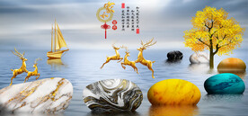 家和富贵石来运转山水三联装饰画