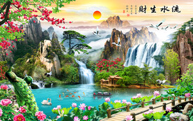 流水生财生财有道风景背景墙