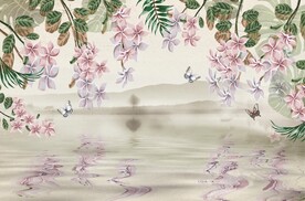 复古花藤倒影水墨山水分层矢量