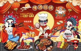 国潮美食烧烤背景墙图片