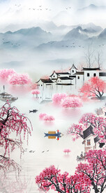 江南水乡水墨山水装饰画