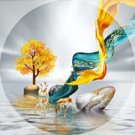 晶瓷画抽象画飘带石头麋鹿