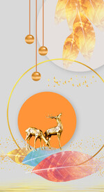 晶瓷画线条抽象画玄关叶子麋鹿