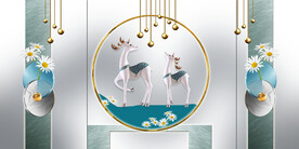 晶瓷画菊花三联画麋鹿圆球