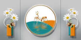 晶瓷画菊花三联画麋鹿