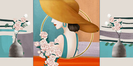 晶瓷画花瓶玫瑰花三联画美女