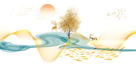 晶瓷画线条抽象画麋鹿树