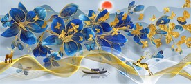 蓝色花蝴蝶麋鹿三联画