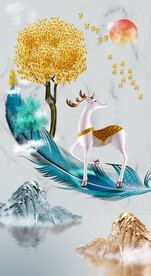 瓷晶画山水风景画麋鹿羽毛