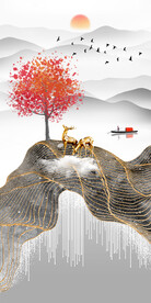 瓷晶画线条抽象画山水风景画麋鹿