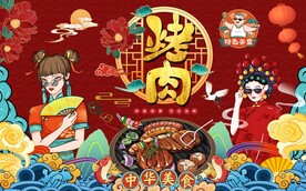 国潮烤肉美食工装背景墙图片