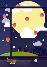 中秋节插画 守望 宠物 安宁 