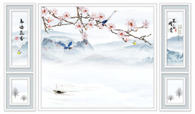 晶瓷画水墨山水电视背景墙桃花