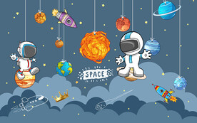 太空星星卡通宇航员儿童房背景墙