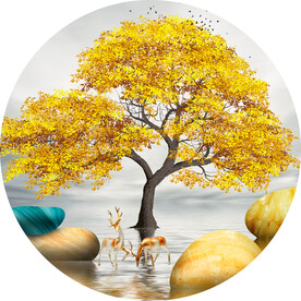 石来运转圆形发财树山水装饰画