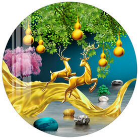 现代麋鹿葫芦飘带金色圆形装饰画