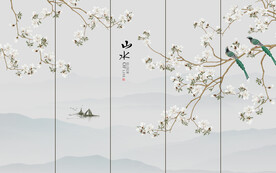 装饰画 山水 白色花朵