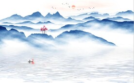 新中式蓝色水墨山水电视背景墙