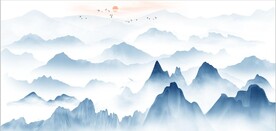 新中式蓝色水墨山水电视背景墙