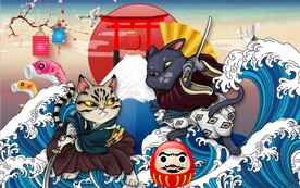 浮世绘武士猫日本料理餐饮背景墙