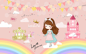 可爱公主彩虹城堡儿童房背景墙