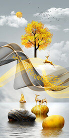 瓷晶画 线条抽象画 麋鹿石头