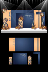 蓝色橙色婚礼现场KT板