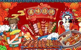 工装国潮烧烤店背景墙画图片