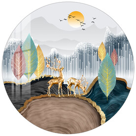 抽象年轮树叶麋鹿圆形装饰画