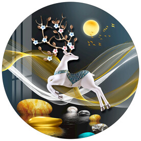 金色线条石来运转麋鹿圆形装饰画