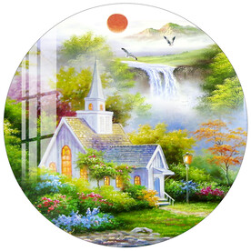 风景油画小屋圆形装饰画