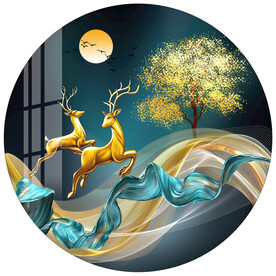 飘带麋鹿发财树金色圆形装饰画