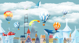 卡通热气球鲸鱼儿童乐园背景墙