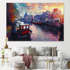 欧美小镇河畔油画装饰画