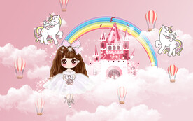 可爱小公主彩虹城堡儿童房背景墙