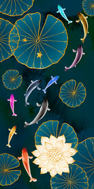 中式九鱼图荷花荷叶装饰画