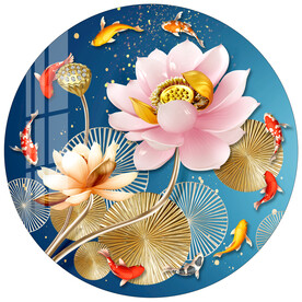 浮雕荷花九鱼图圆形装饰画