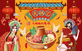 国潮美味火锅汇美食工装背景墙