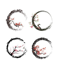 水墨素材圆圈水墨桃花