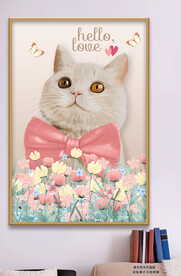 手绘猫咪花丛蝴蝶装饰画