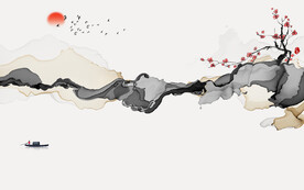 轻奢装饰画 新中式山水画 飘带