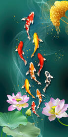 荷花九鱼图玄关