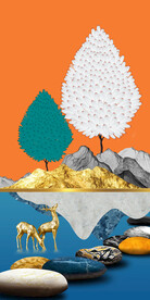 轻奢装饰画 麋鹿 白色树 石头