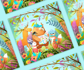 可爱动物冒险卡通插画 儿童卡片