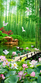 竹林荷花风景背景墙玄关