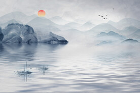 轻奢装饰画 新中式山水画船日出