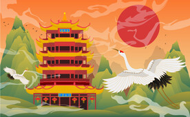 AI矢量黄鹤楼国潮矢量插画