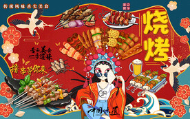 国潮烧烤美食工装背景墙
